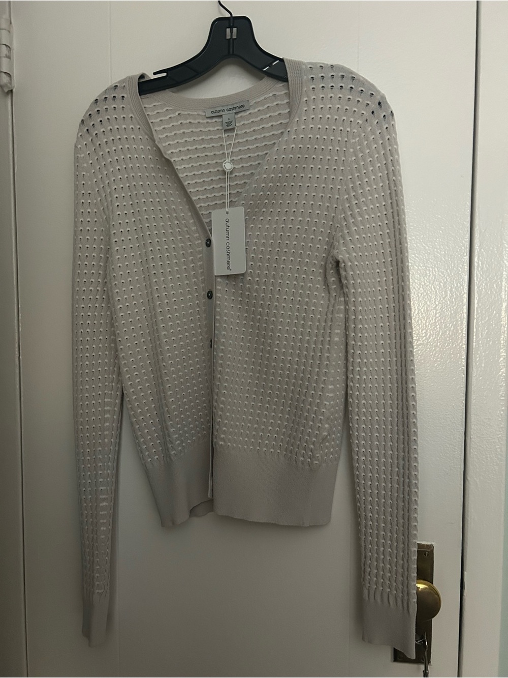 Autumn Cashmere Taupe Pointelle Cardigan with White accents Size S